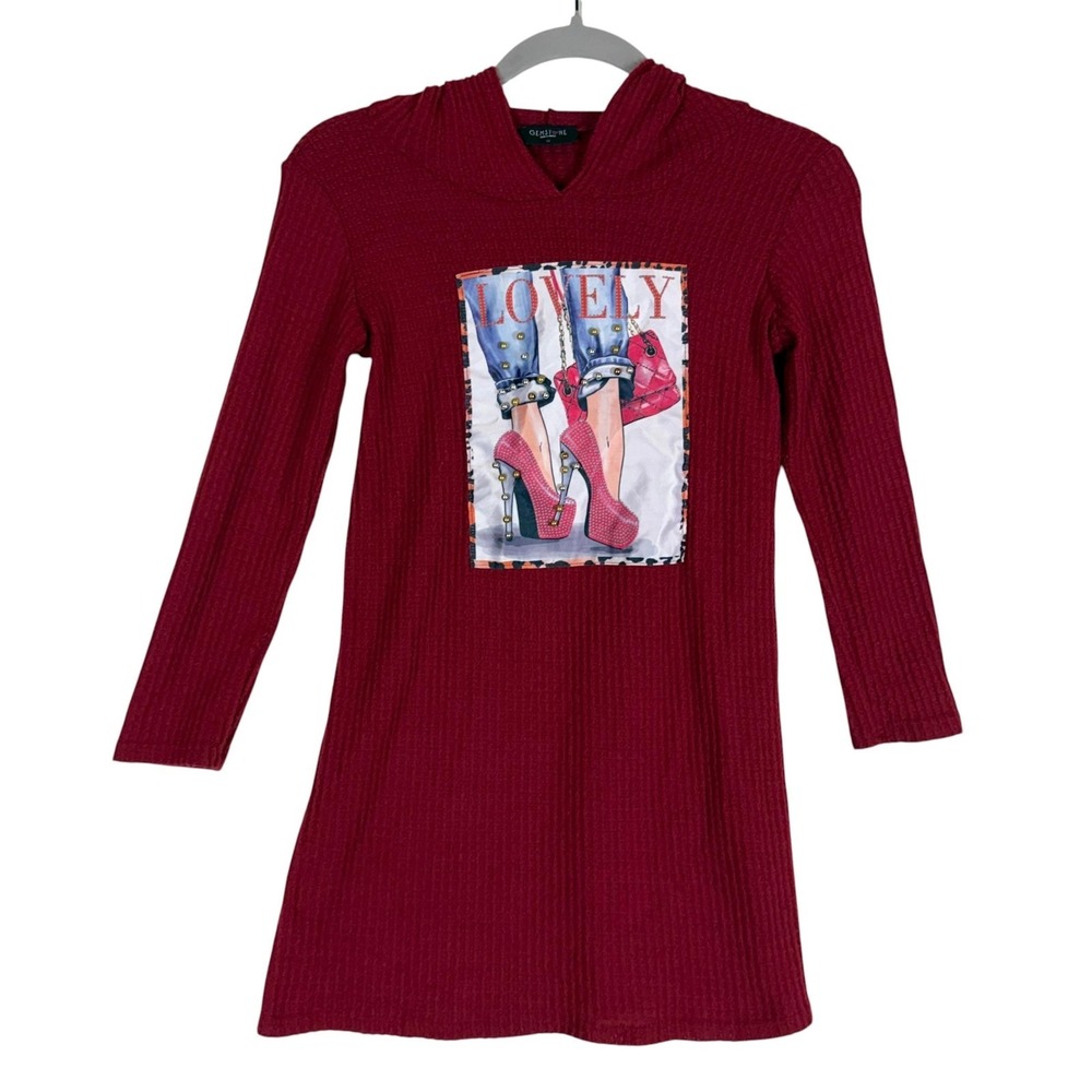 Gemstone Sweater Dress Girls 10 Red Hooded Knit Long Sleeve Studded Graphic